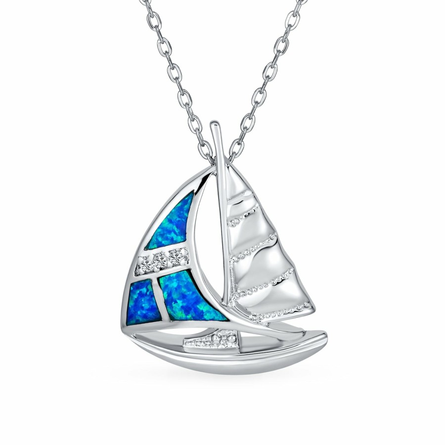 Shop Women Bling Jewelry Pendant Necklaces | Gemstone Blue Opal Nautical Boat Sailboat Necklace .925 Sterling Silver