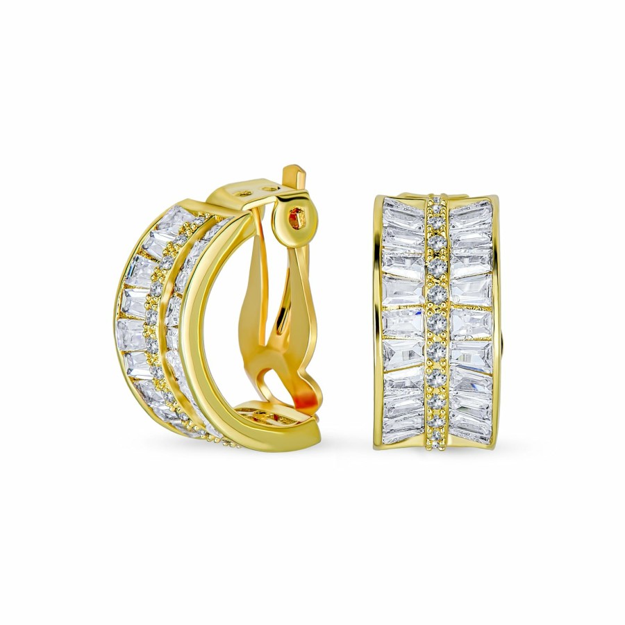 Shop Women Bling Jewelry Dangle Drop Earrings | Art Deco Baguette Cz Half Hoop Earrings On Clip Plated