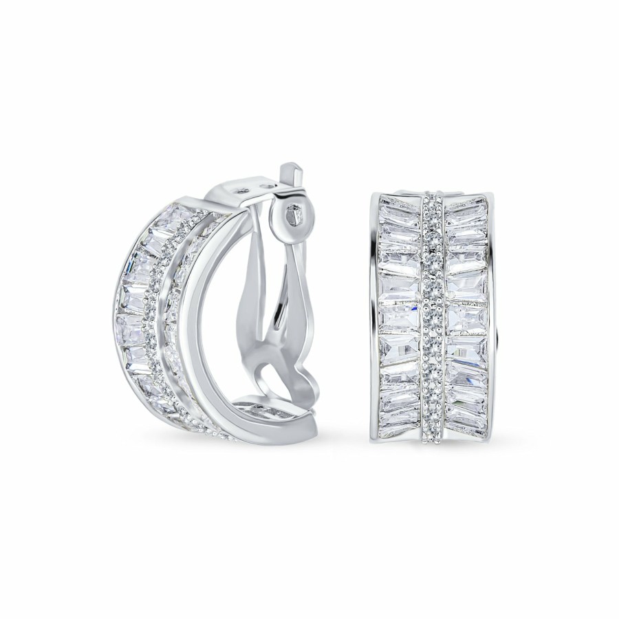 Shop Women Bling Jewelry Dangle Drop Earrings | Art Deco Baguette Cz Half Hoop Earrings On Clip Plated