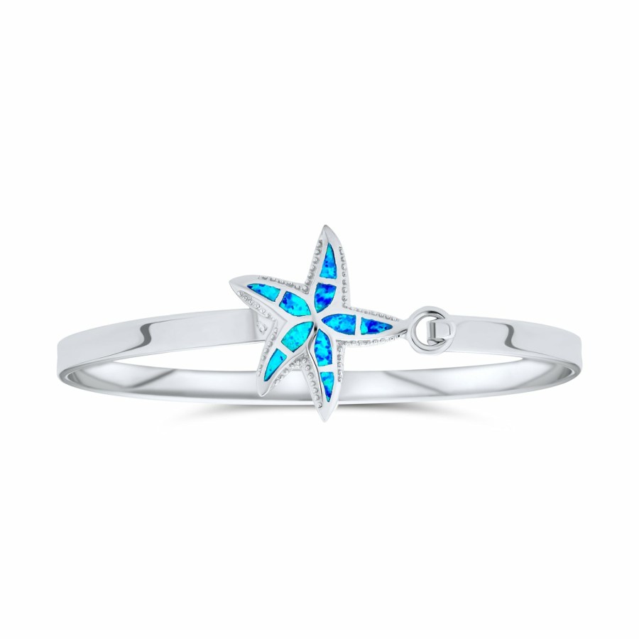 Shop Women Bling Jewelry Engravable Bracelets | Beach Starfish Created Blue Opal Bangle Bracelet .925 Sterling Silver