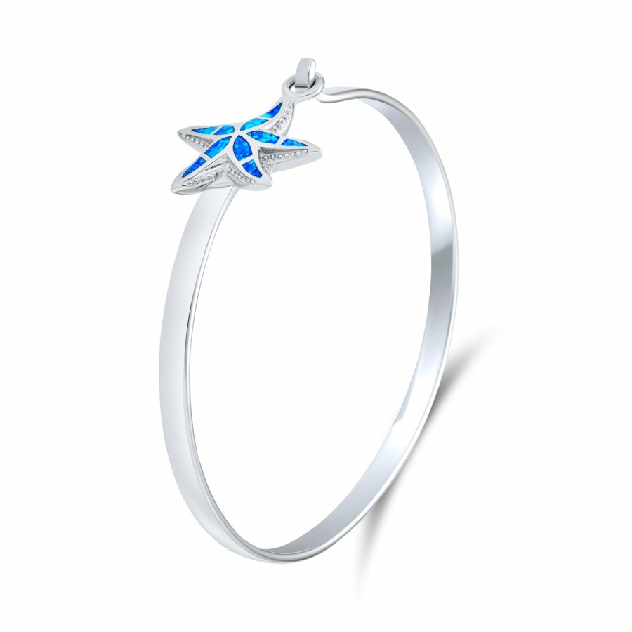 Shop Women Bling Jewelry Engravable Bracelets | Beach Starfish Created Blue Opal Bangle Bracelet .925 Sterling Silver