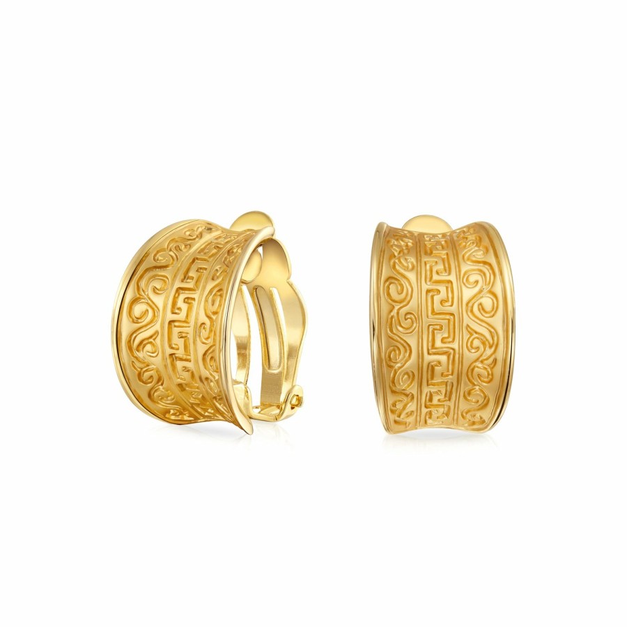 Shop Women Bling Jewelry Clip On Earrings | Egyptian Greek Design Wide Clip On Earrings Style Matte Gold Plated