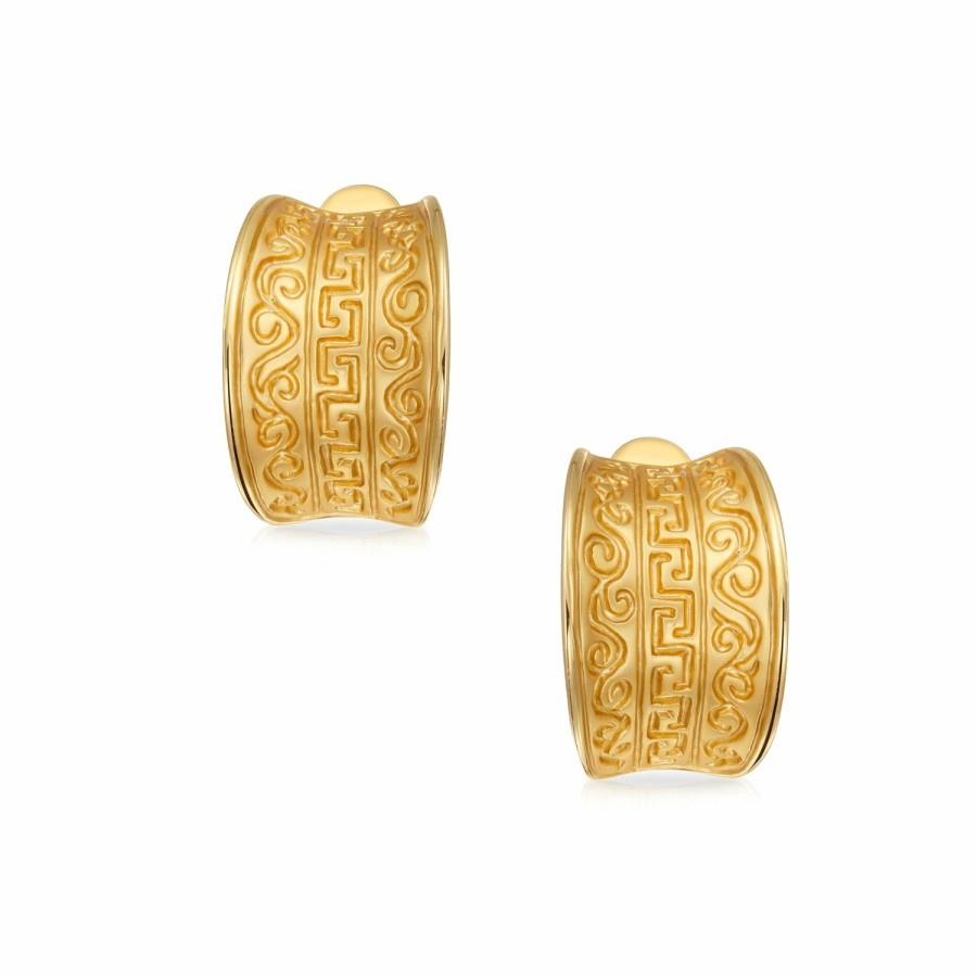 Shop Women Bling Jewelry Clip On Earrings | Egyptian Greek Design Wide Clip On Earrings Style Matte Gold Plated