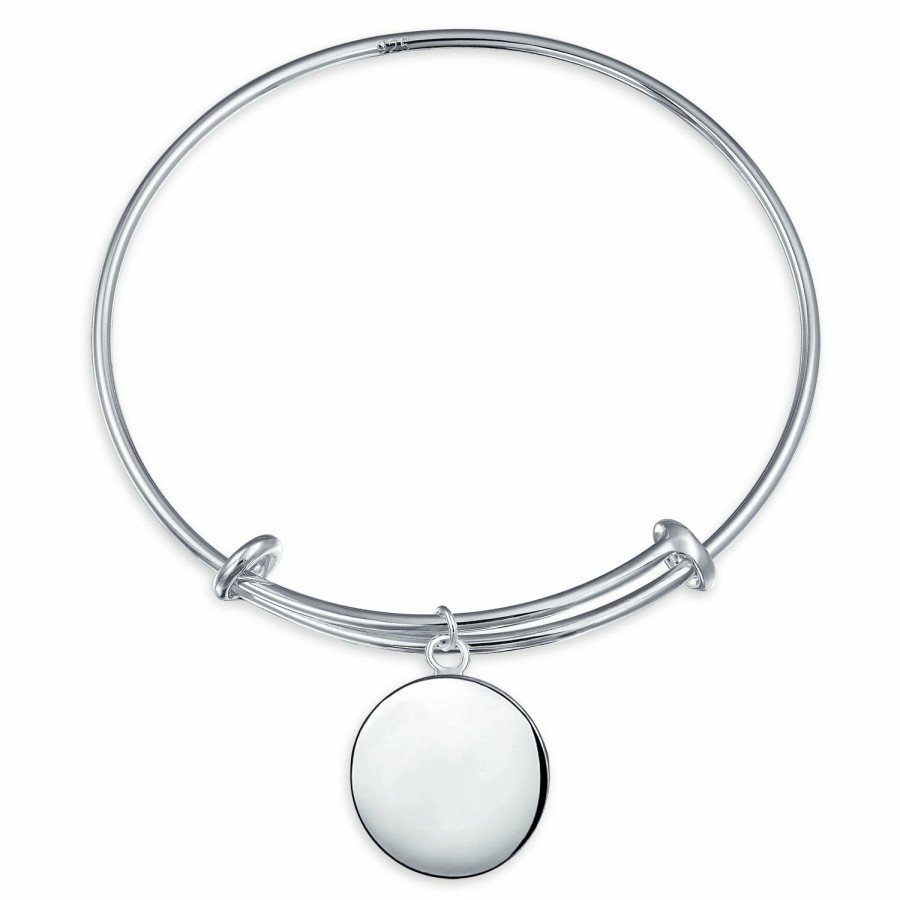 Shop Women Bling Jewelry Delicate Bracelets | Minimalist Simple Engravable Monogram Disc Expandable Bangle Bracelet Silver