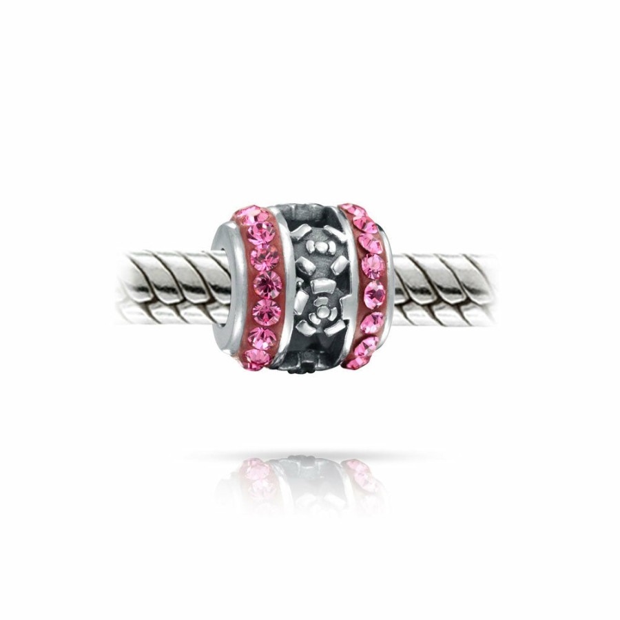 Shop Women Bling Jewelry Flower Beads | Silver Pink Striped Rose Flower Crystal Bead Sterling Silver Charm