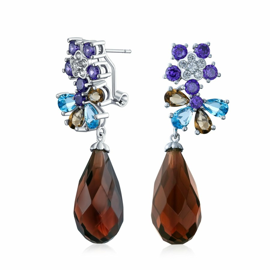 Shop Women Bling Jewelry Chandelier Earrings | Purple Burgundy Cz Teardrop Flower Statement Earrings Silver Plated