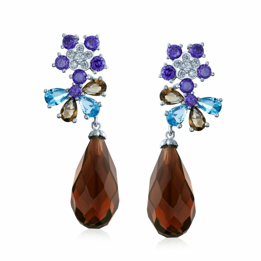 Shop Women Bling Jewelry Chandelier Earrings | Purple Burgundy Cz Teardrop Flower Statement Earrings Silver Plated