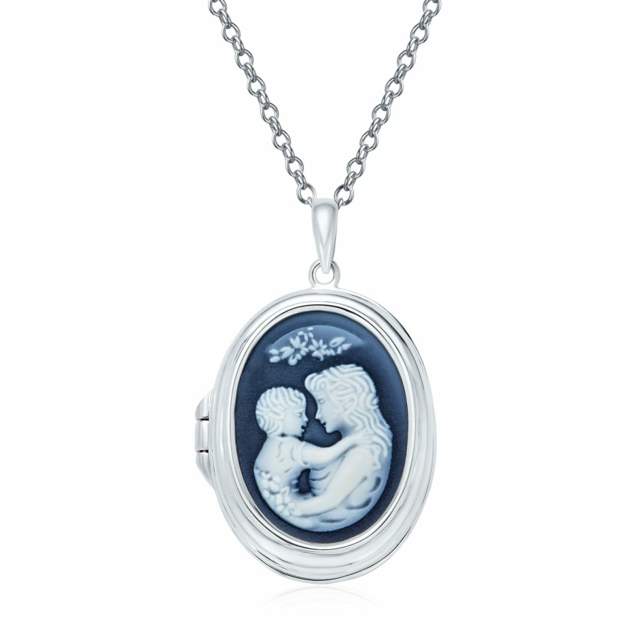 Shop Women Bling Jewelry Engravable Necklaces | Vintage Blue Cameo Mother Loving Child Locket Hold Pictures Pendant