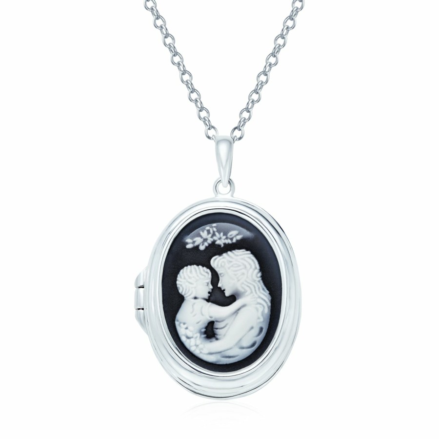 Shop Women Bling Jewelry Engravable Necklaces | Vintage Blue Cameo Mother Loving Child Locket Hold Pictures Pendant