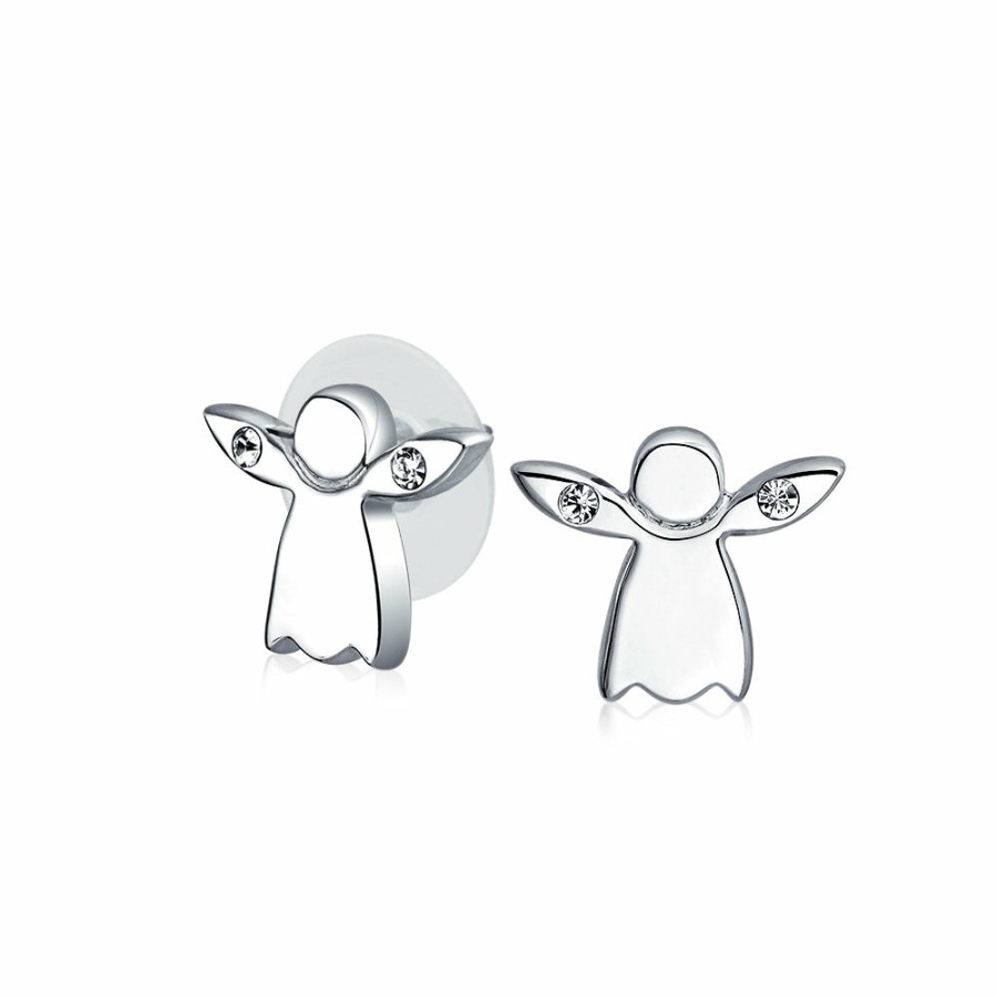 Shop Women Bling Jewelry | Tiny Crystal Guardian Angel Religious Stud Earrings Silver Plated