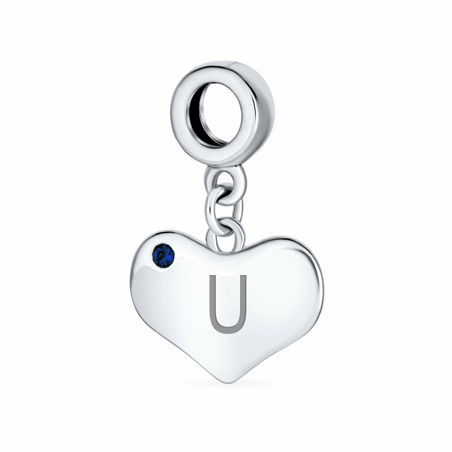 Shop Women Bling Jewelry Engravable Charms | Sapphire Blue Crystal Accent Heart Shaped Dangle Bead Charm .925 Silver