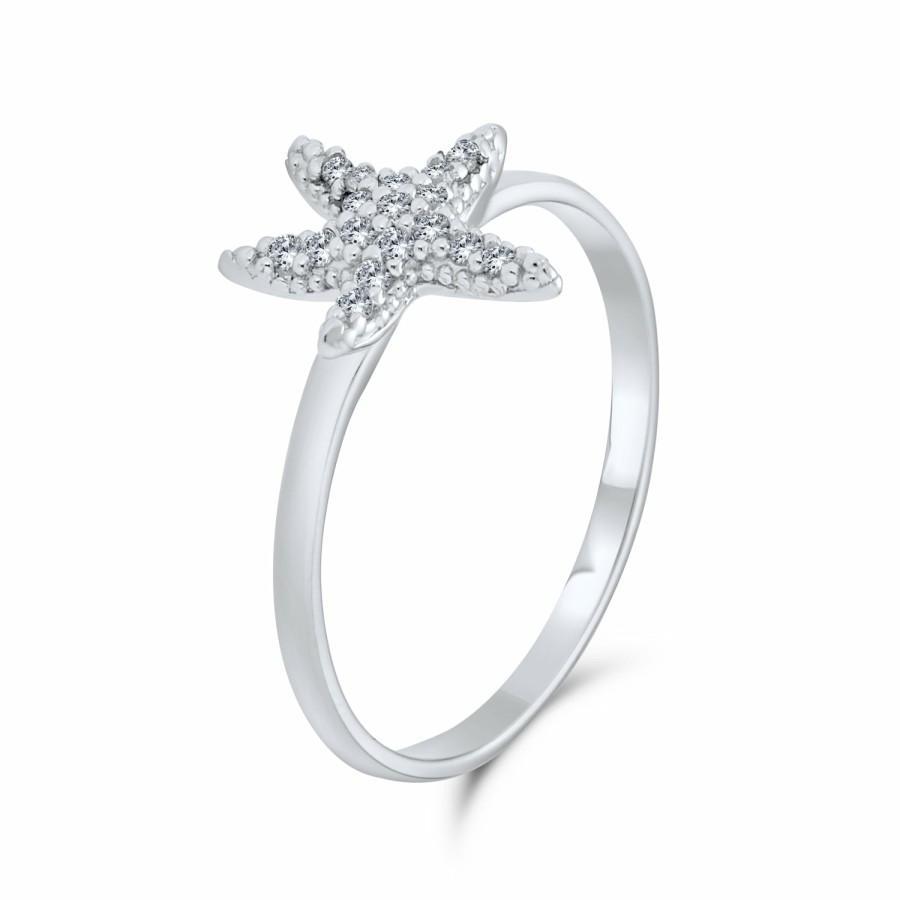 Shop Women Bling Jewelry Delicate Midi Rings | Tiny Pave Cz Nautical Tropical Beach Starfish Ring .925 Sterling Silver