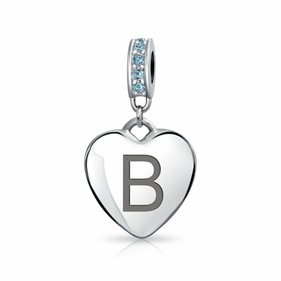 Shop Women Bling Jewelry Engravable Charms | Heart Dangle Bead Charm Crystal Blue December .925 Sterling Silver