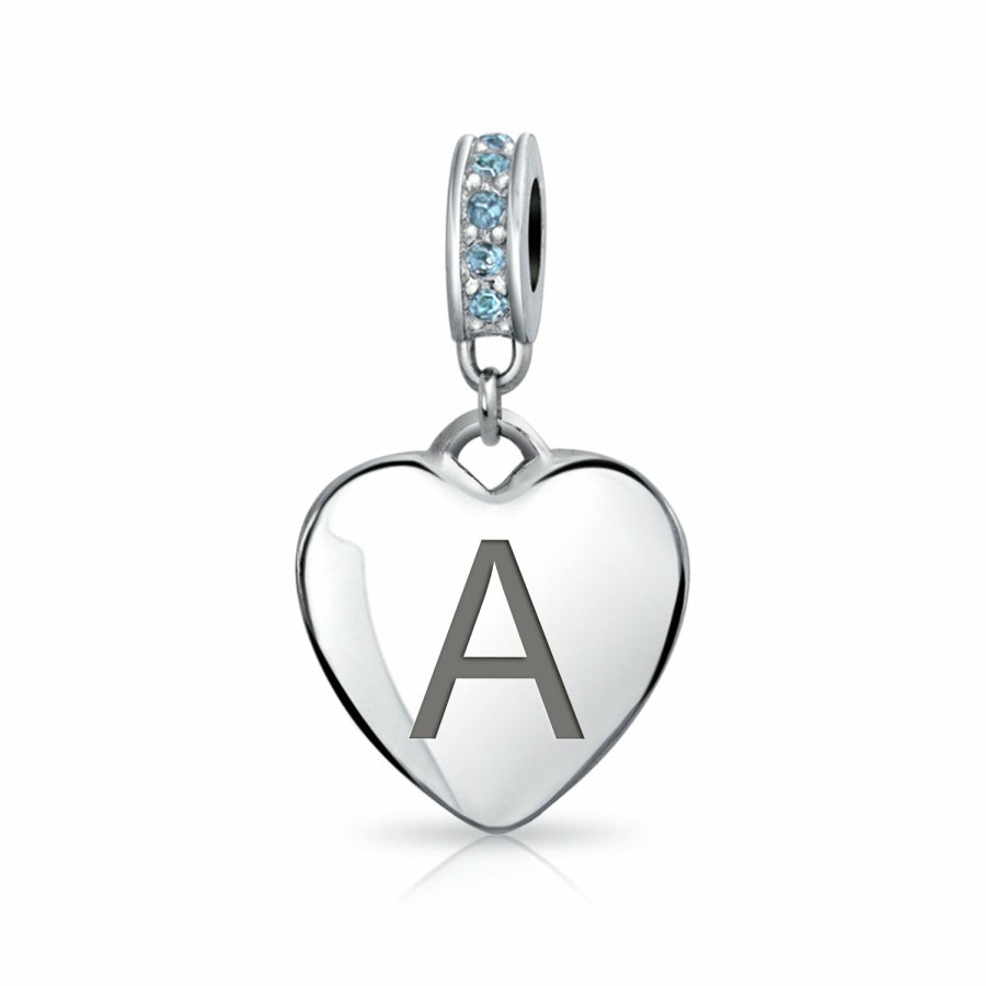 Shop Women Bling Jewelry Engravable Charms | Heart Dangle Bead Charm Crystal Blue December .925 Sterling Silver