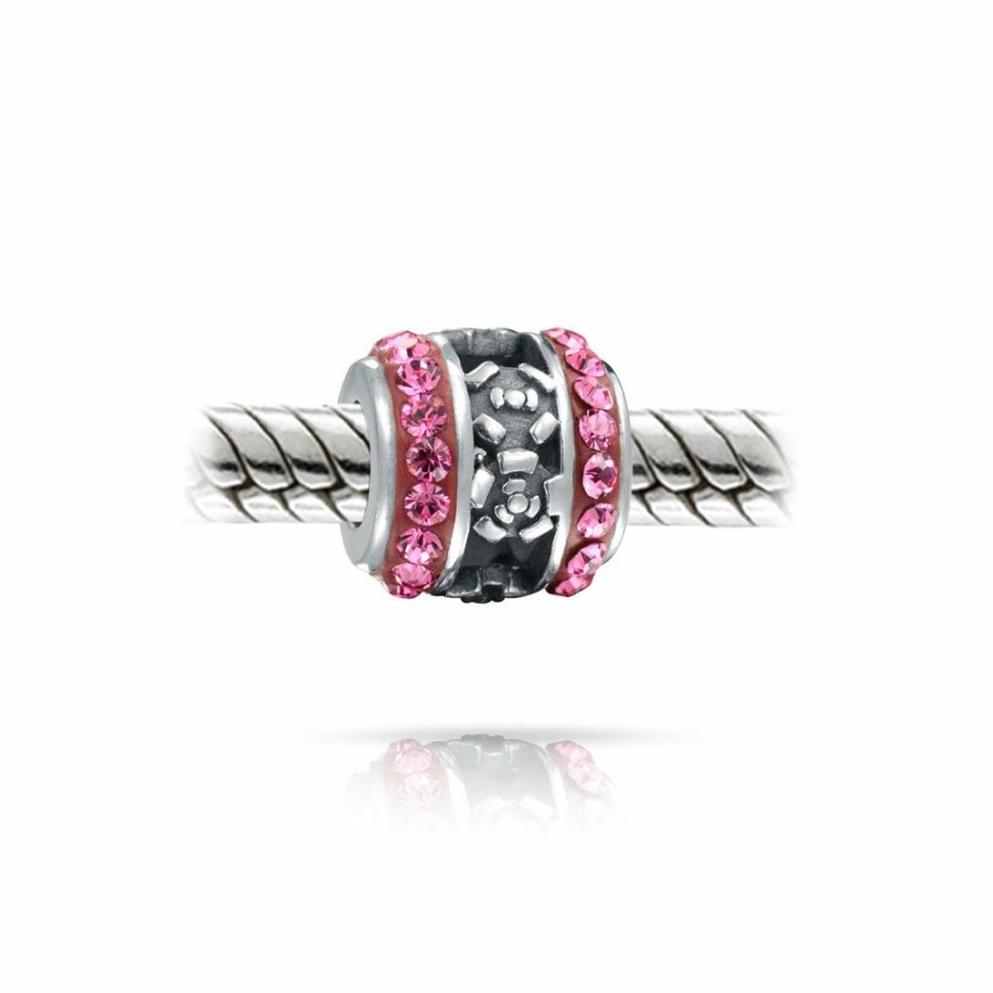 Shop Women Bling Jewelry Mothers Day Charm Beads | Silver Pink Striped Rose Flower Crystal Bead Sterling Silver Charm