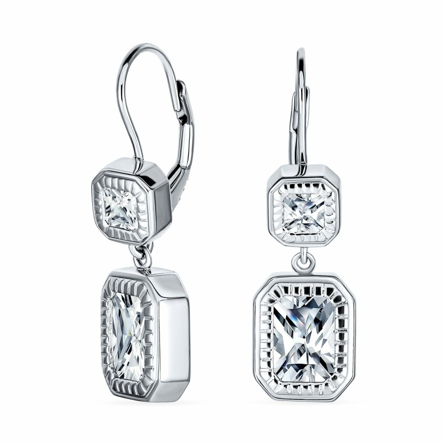 Shop Women Bling Jewelry Dangle Drop Earrings | Deco Style Cz Halo Emerald Cut Cz Lever Back Earrings Sterling Silver