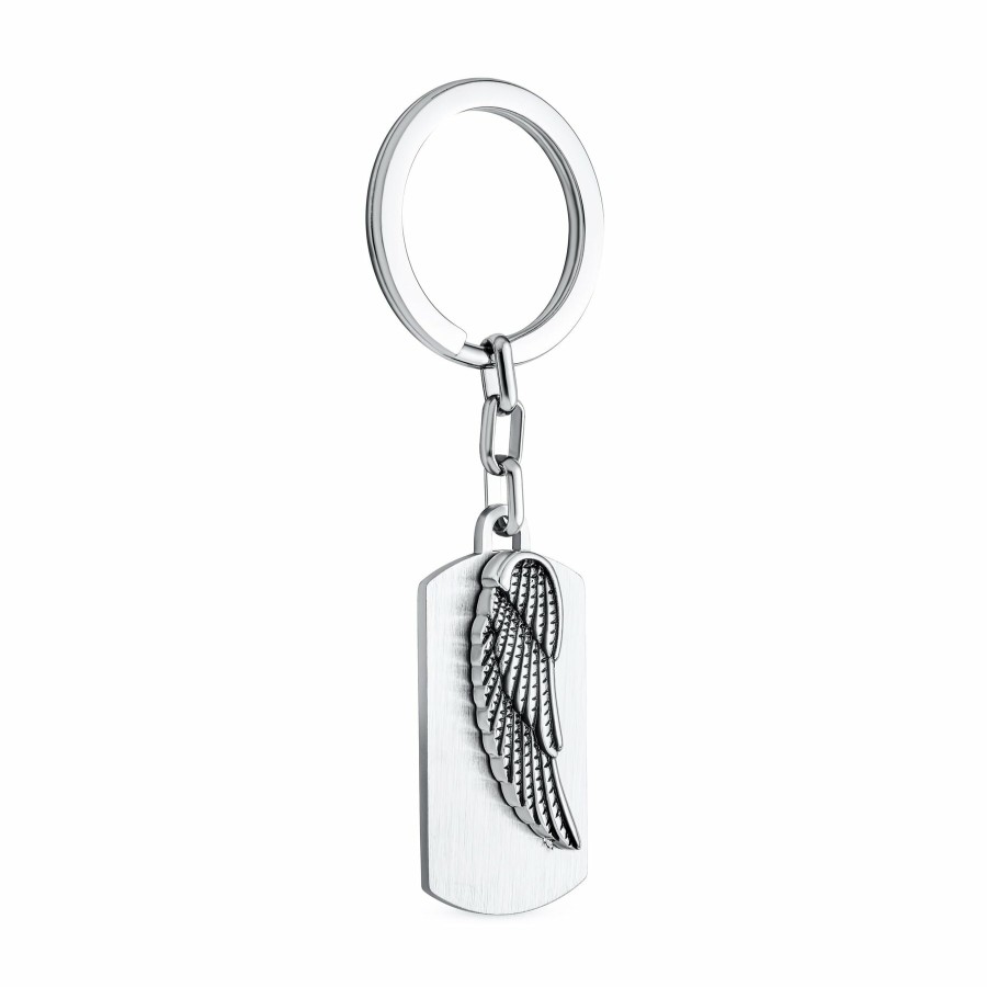 Shop Men Bling Jewelry Mens Engravable Accessories | Angel Wing Feather Dog Tag Keychain Key Ring Holder Stainless Steel Silver Tone