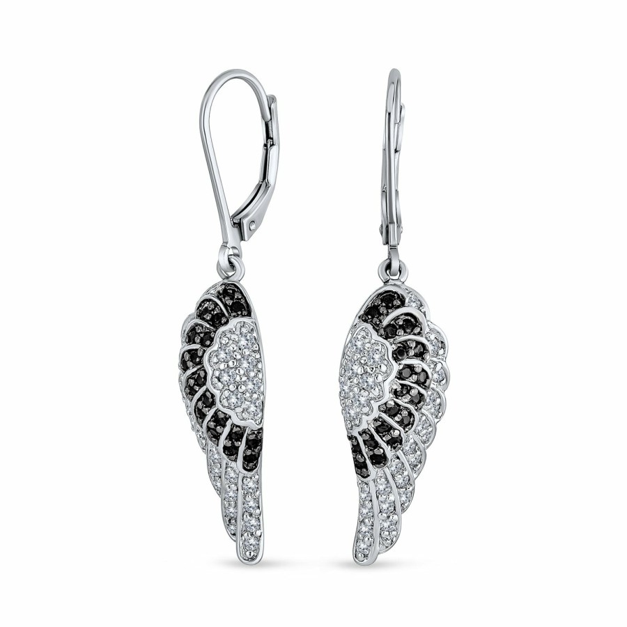 Shop Women Bling Jewelry Dangle Drop Earrings | Guardian Angel Wing Feather Black Cz Lever Back Earrings Silver Plated