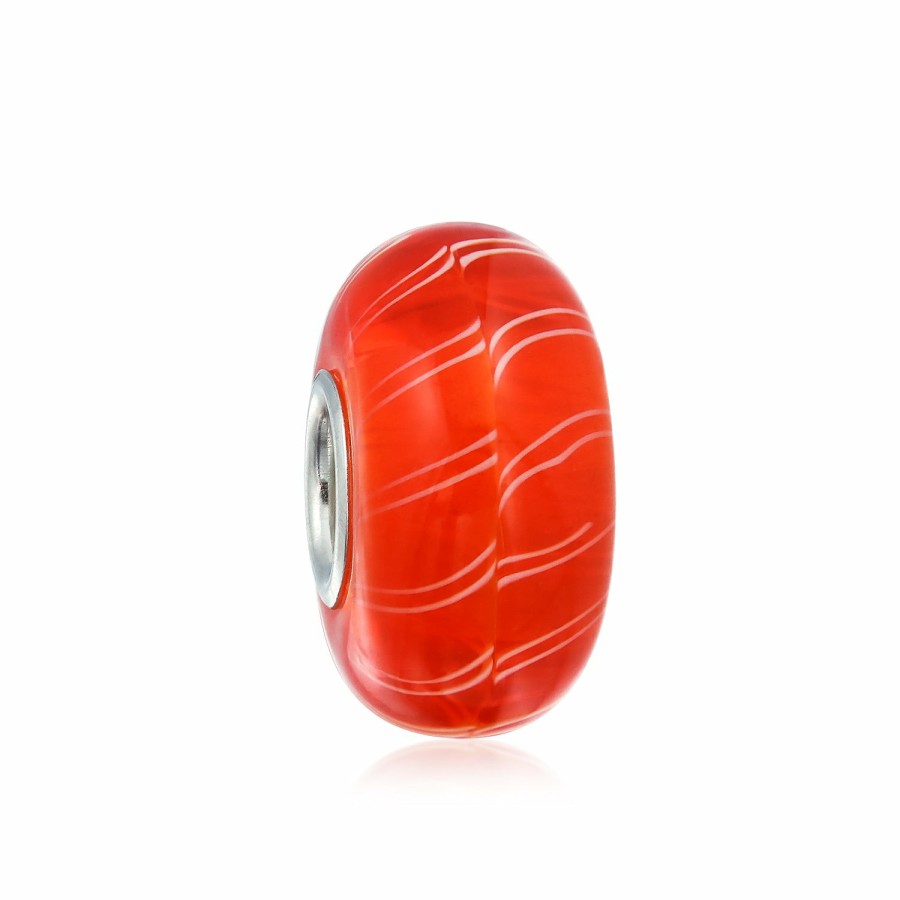 Shop Women Bling Jewelry Christmas Charms Beads | Orange Candy Cane Stripe Murano Glass Bead Charm .925 Sterling Silver