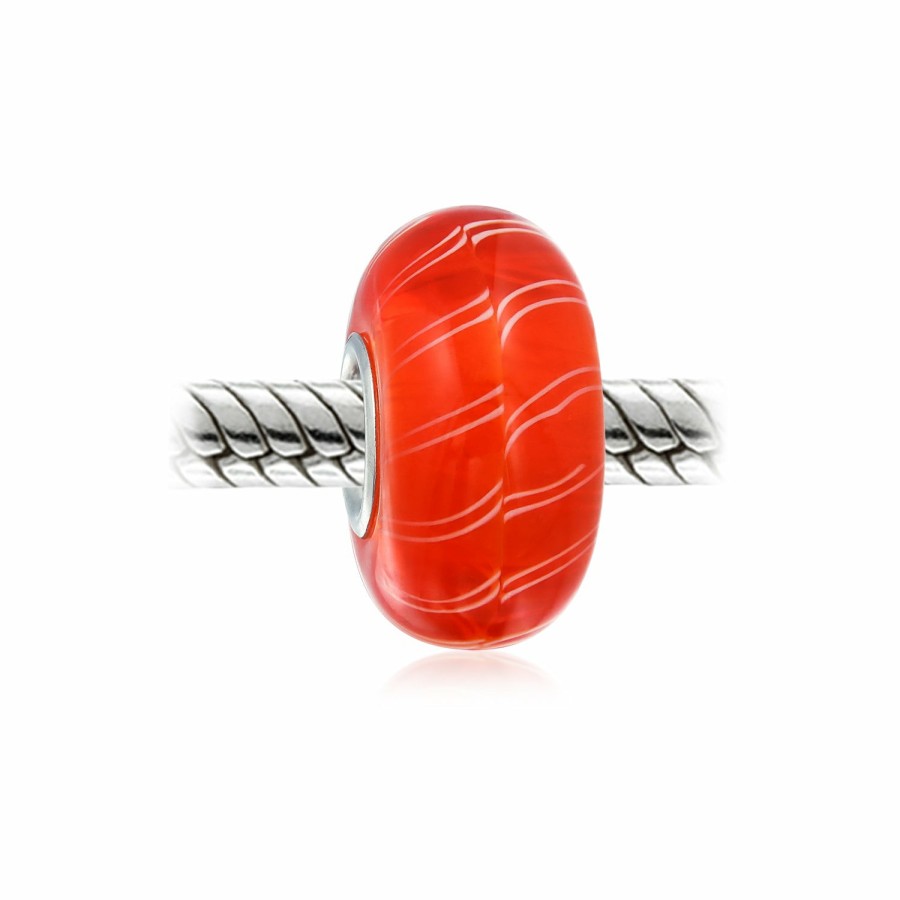 Shop Women Bling Jewelry Christmas Charms Beads | Orange Candy Cane Stripe Murano Glass Bead Charm .925 Sterling Silver