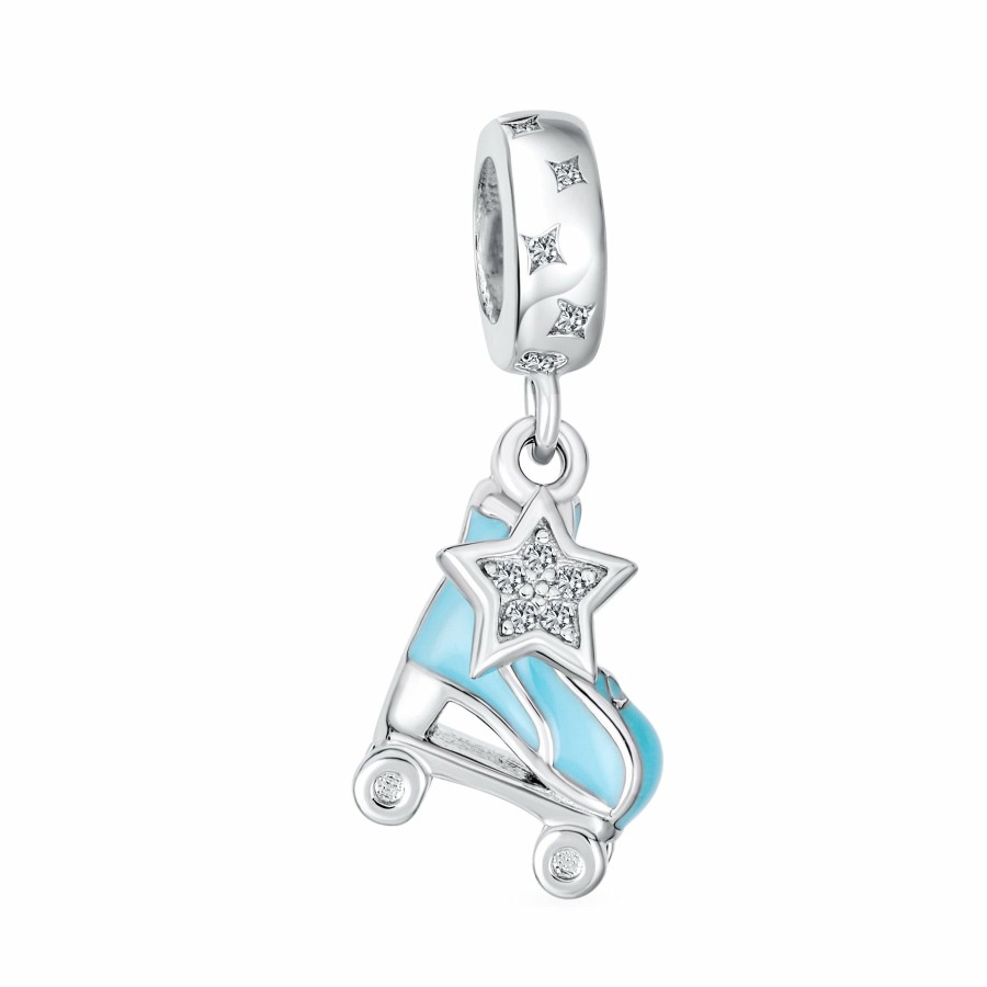 Shop Women Bling Jewelry Travel Charms Beads | Sports Blue Roller Skates Dangling Bead Charm .925 Silver