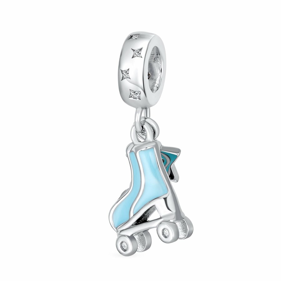 Shop Women Bling Jewelry Travel Charms Beads | Sports Blue Roller Skates Dangling Bead Charm .925 Silver