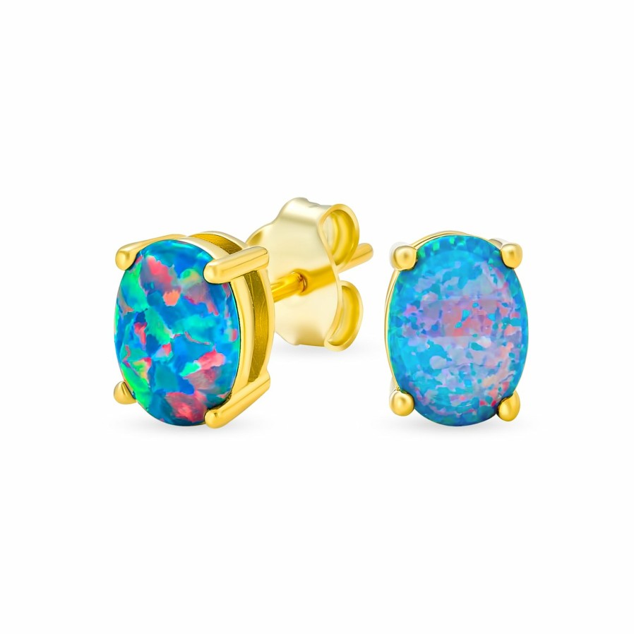 Shop Women Bling Jewelry Stud Earrings | Gemstone Created Opal Oval Stud Earrings Gold Plated .925 Silver 7Mm