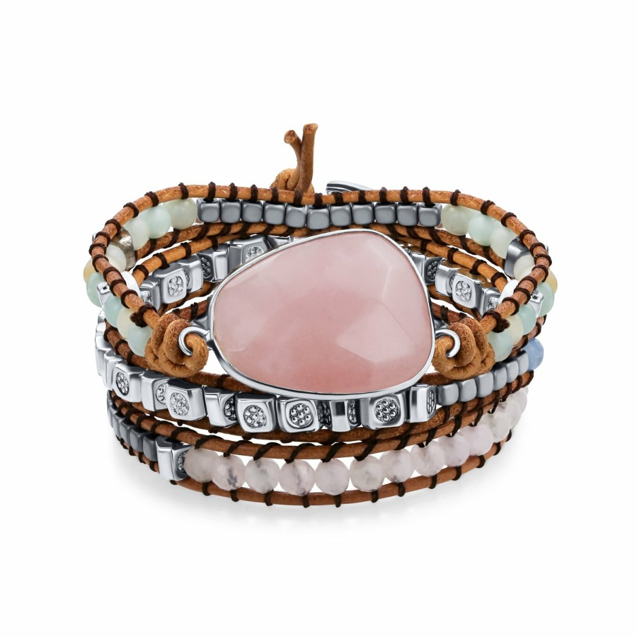 Shop Women Bling Jewelry Wrap Stretch Bracelets | Tree Of Life Genuine Rose Quartz Beaded Leather Triple Wrap Bracelet