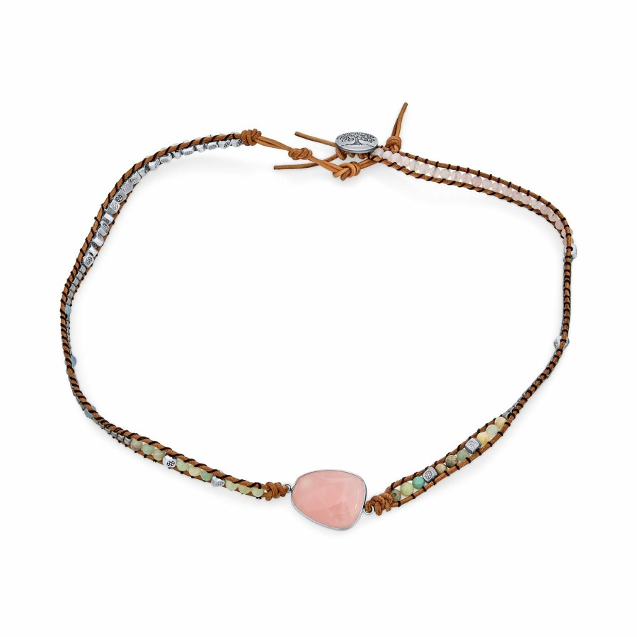 Shop Women Bling Jewelry Wrap Stretch Bracelets | Tree Of Life Genuine Rose Quartz Beaded Leather Triple Wrap Bracelet