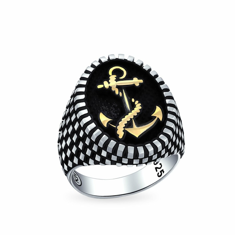 Shop Men Bling Jewelry Mens Rings | Men Large Rope Anchor Signet Ring Checker Board Black .925 Silver