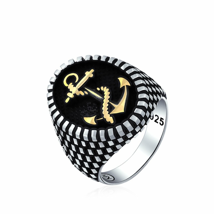 Shop Men Bling Jewelry Mens Rings | Men Large Rope Anchor Signet Ring Checker Board Black .925 Silver