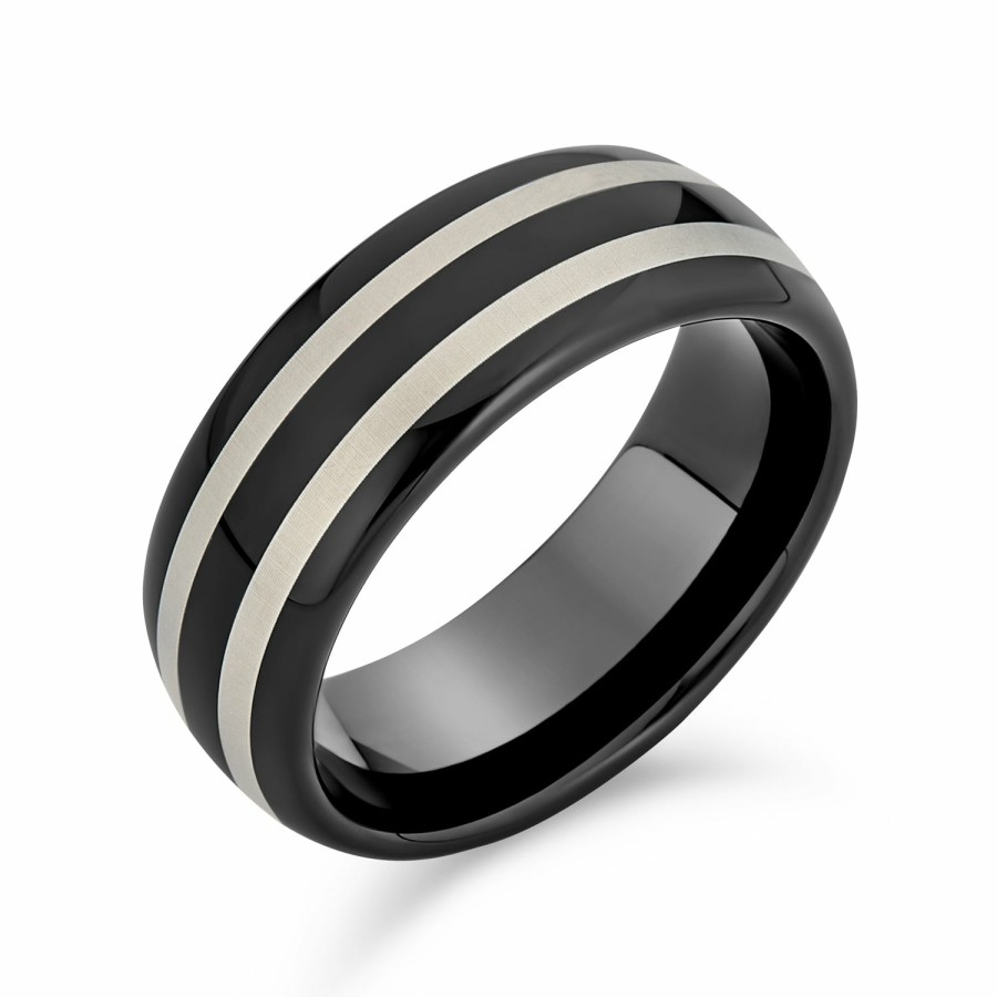 Shop Men Bling Jewelry Mens Rings | Dome Silver 2 Tone Stripe Couples Wedding Band Titanium Ring 8Mm Black