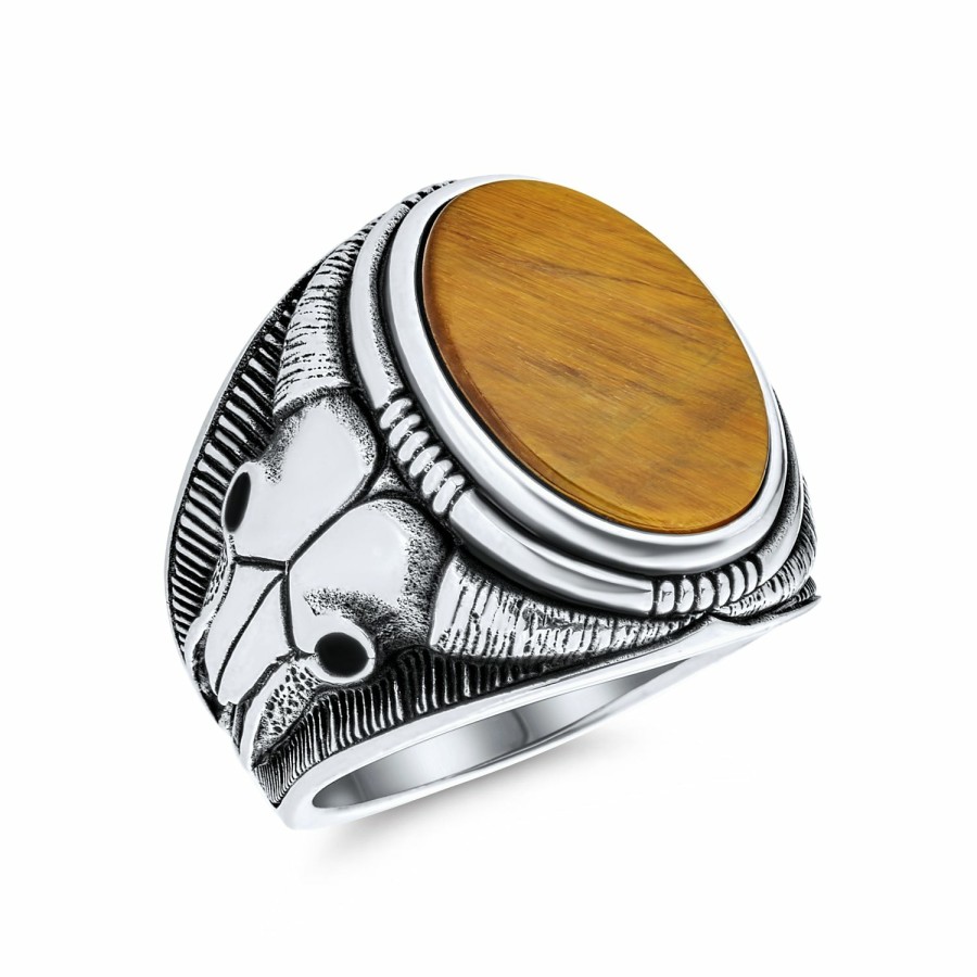 Shop Men Bling Jewelry Mens Rings | Men'S Signet Ring Tiger Eye & Onyx Gemstones Texas Longhorn Buffalo Bison Skulls