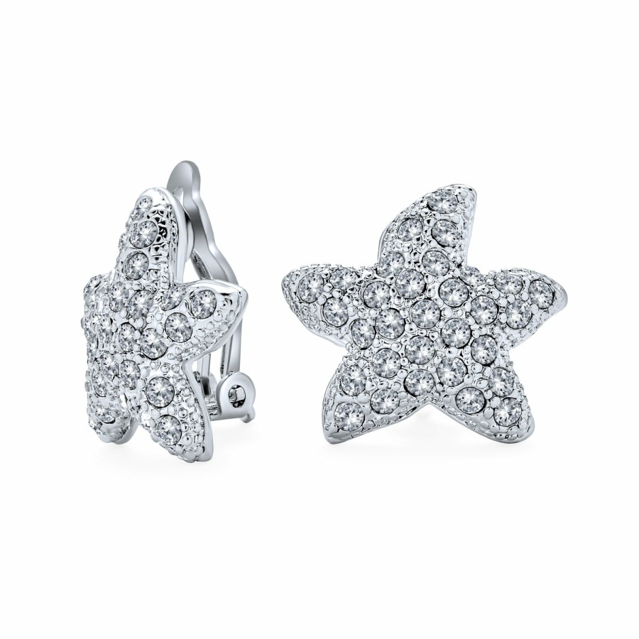 Shop Women Bling Jewelry Dangle Drop Earrings | Pave Crystal Starfish Clip On Earrings Non Pierced Ears Silver Plated