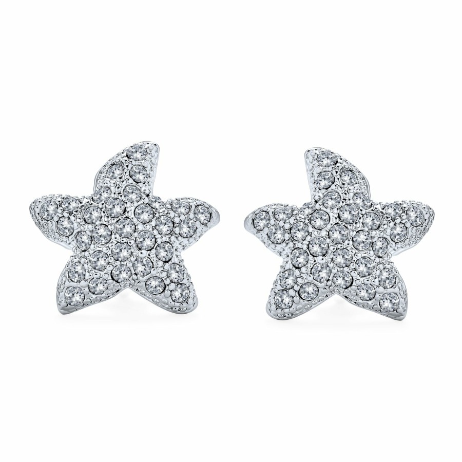 Shop Women Bling Jewelry Dangle Drop Earrings | Pave Crystal Starfish Clip On Earrings Non Pierced Ears Silver Plated