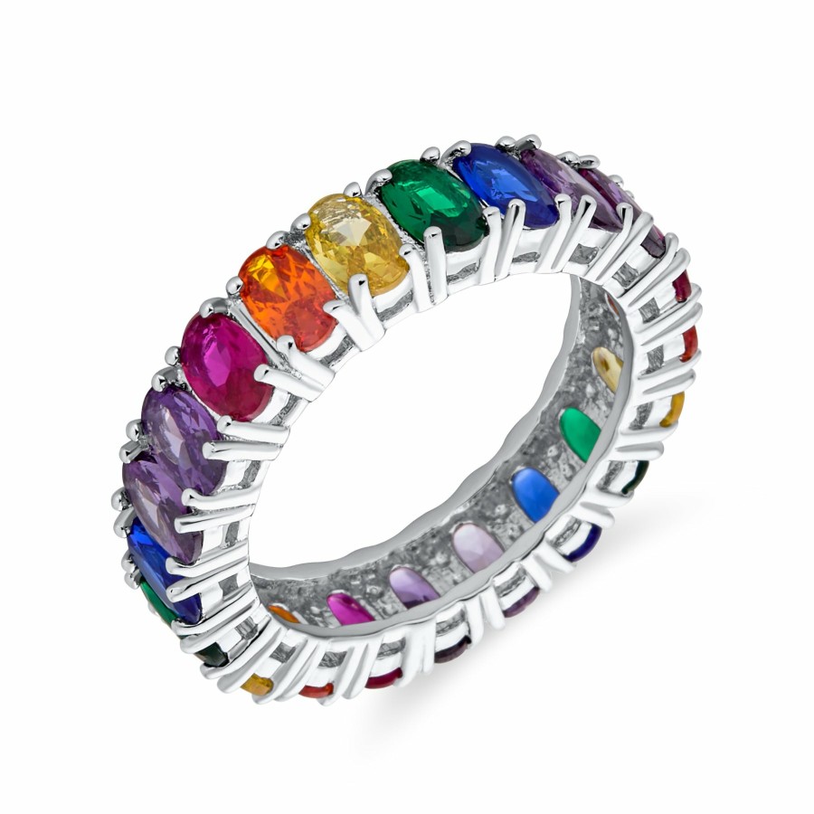 Shop Women Bling Jewelry Wedding Bands | Lgbtq Colorful Rainbow Multi Color Cz Eternity Ring Band .925 Silver