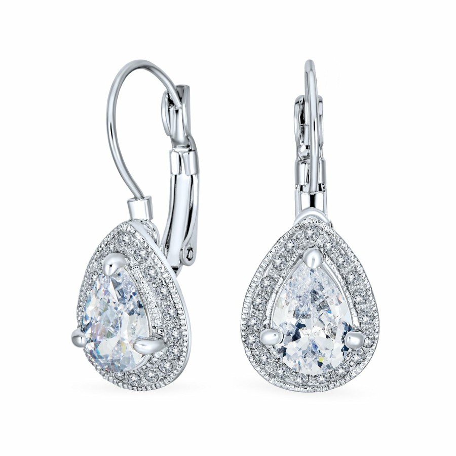 Shop Women Bling Jewelry Dangle Drop Earrings | 2.25Ct Prom Crystal Halo Teardrop Cz Earrings Silver Plated Alloy