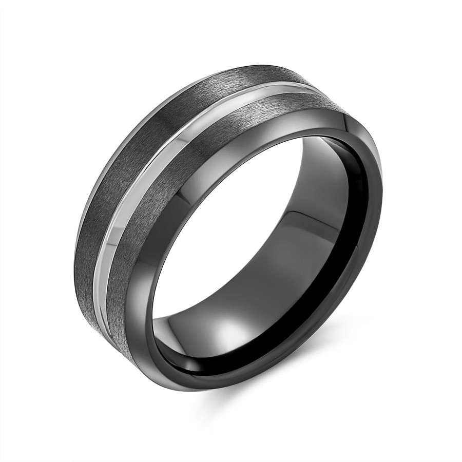 Shop Women Bling Jewelry Wedding Bands | Silver Two Tone Center Couples Wedding Band Titanium Rings 8Mm Black