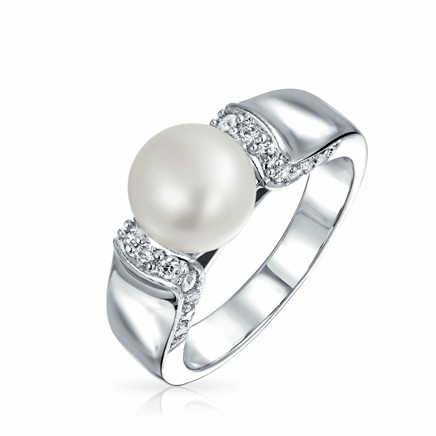 Shop Women Bling Jewelry Unique Rings | Cz White Freshwater Cultured Pearl Engagement Ring Plated Silver