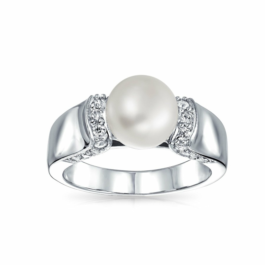 Shop Women Bling Jewelry Unique Rings | Cz White Freshwater Cultured Pearl Engagement Ring Plated Silver