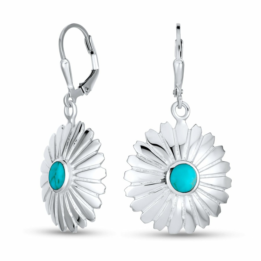 Shop Women Bling Jewelry Dangle Drop Earrings | Carved Flower Blossom Turquoise Dangle Western Earrings .925 Silver