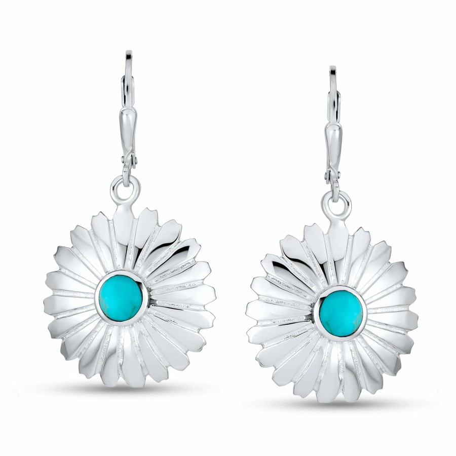 Shop Women Bling Jewelry Dangle Drop Earrings | Carved Flower Blossom Turquoise Dangle Western Earrings .925 Silver