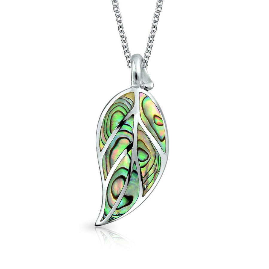 Shop Women Bling Jewelry Pendant Necklaces | Large Leaf Dangle Pendant Abalone Shell Necklace .925 Sterling Silver