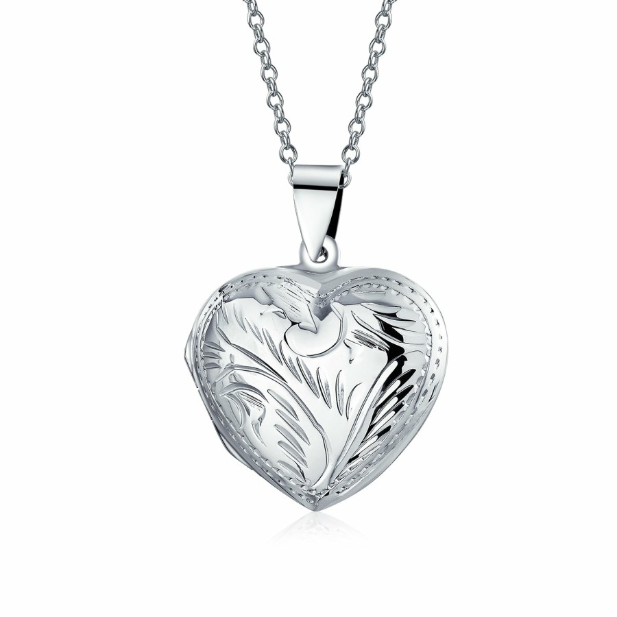 Shop Women Bling Jewelry Engravable Necklaces | Vintage Style Leaf Engraved Puff Heart Photo Keepsake Locket Silver