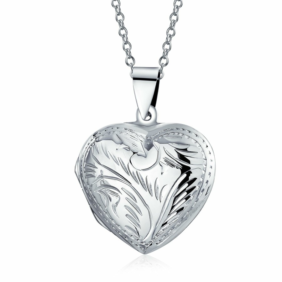 Shop Women Bling Jewelry Engravable Necklaces | Vintage Style Leaf Engraved Puff Heart Photo Keepsake Locket Silver