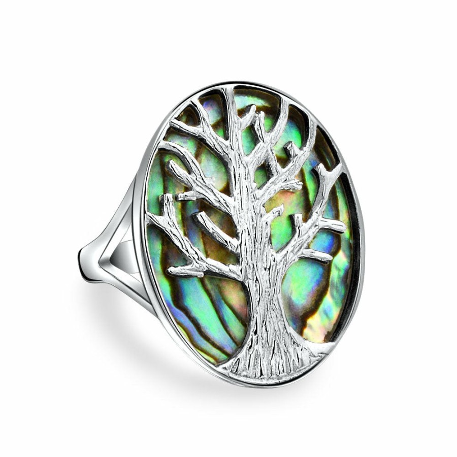 Shop Women Bling Jewelry Statement Cocktail Rings | Oval Rainbow Mother Of Pearl Family Tree Of Life Ring Sterling Silver