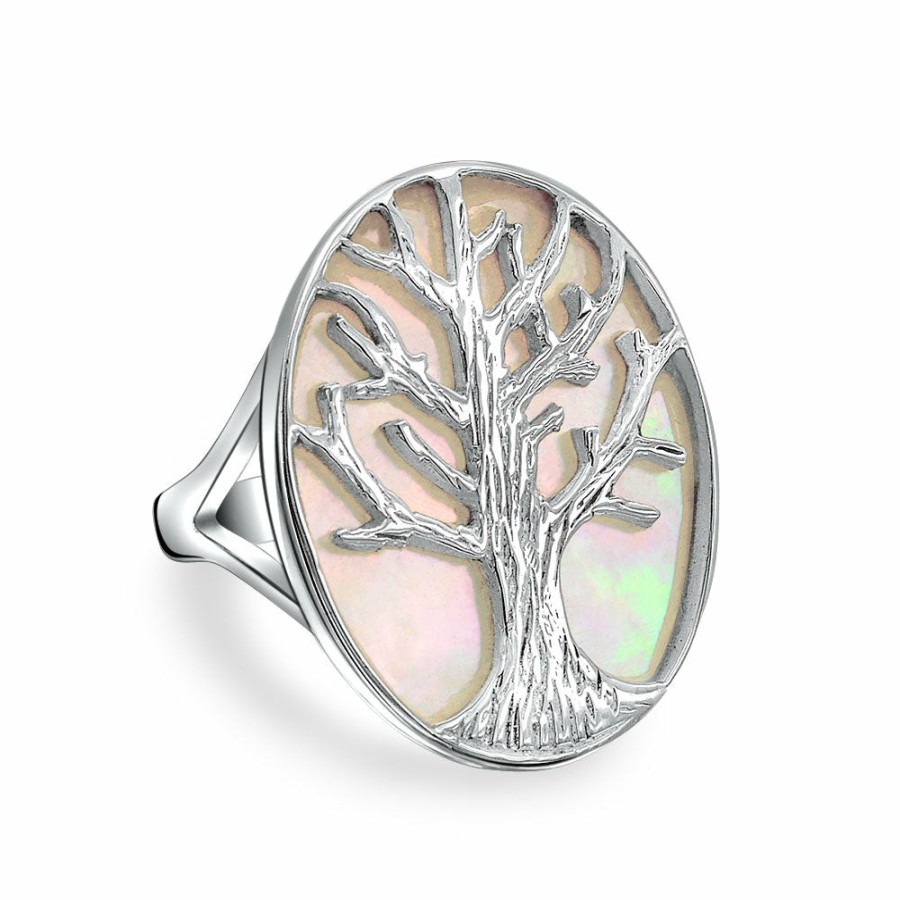 Shop Women Bling Jewelry Statement Cocktail Rings | Oval Rainbow Mother Of Pearl Family Tree Of Life Ring Sterling Silver