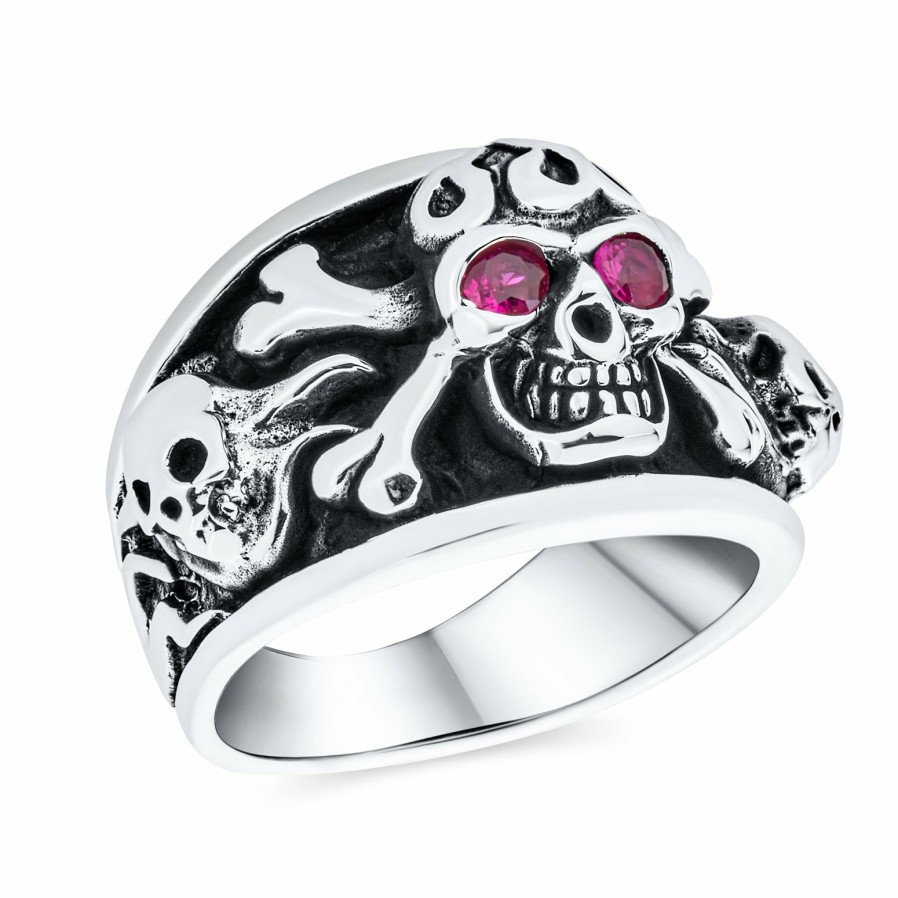 Shop Men Bling Jewelry Mens Engravable Rings | Big Day Of Dead Caribbean Pirate Red Cz Eyes Skull Head Ring