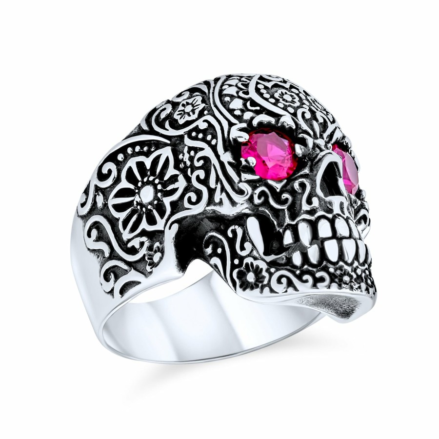 Shop Men Bling Jewelry Mens Engravable Rings | Big Day Of Dead Caribbean Pirate Red Cz Eyes Skull Head Ring