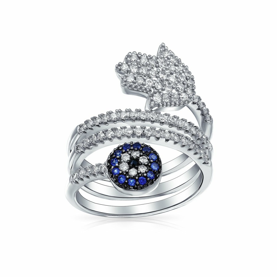 Shop Women Bling Jewelry Statement Cocktail Rings | Blue Cz Pave Wrap A Boho Hamsa Evil Eye Band Ring Silver Plated Brass